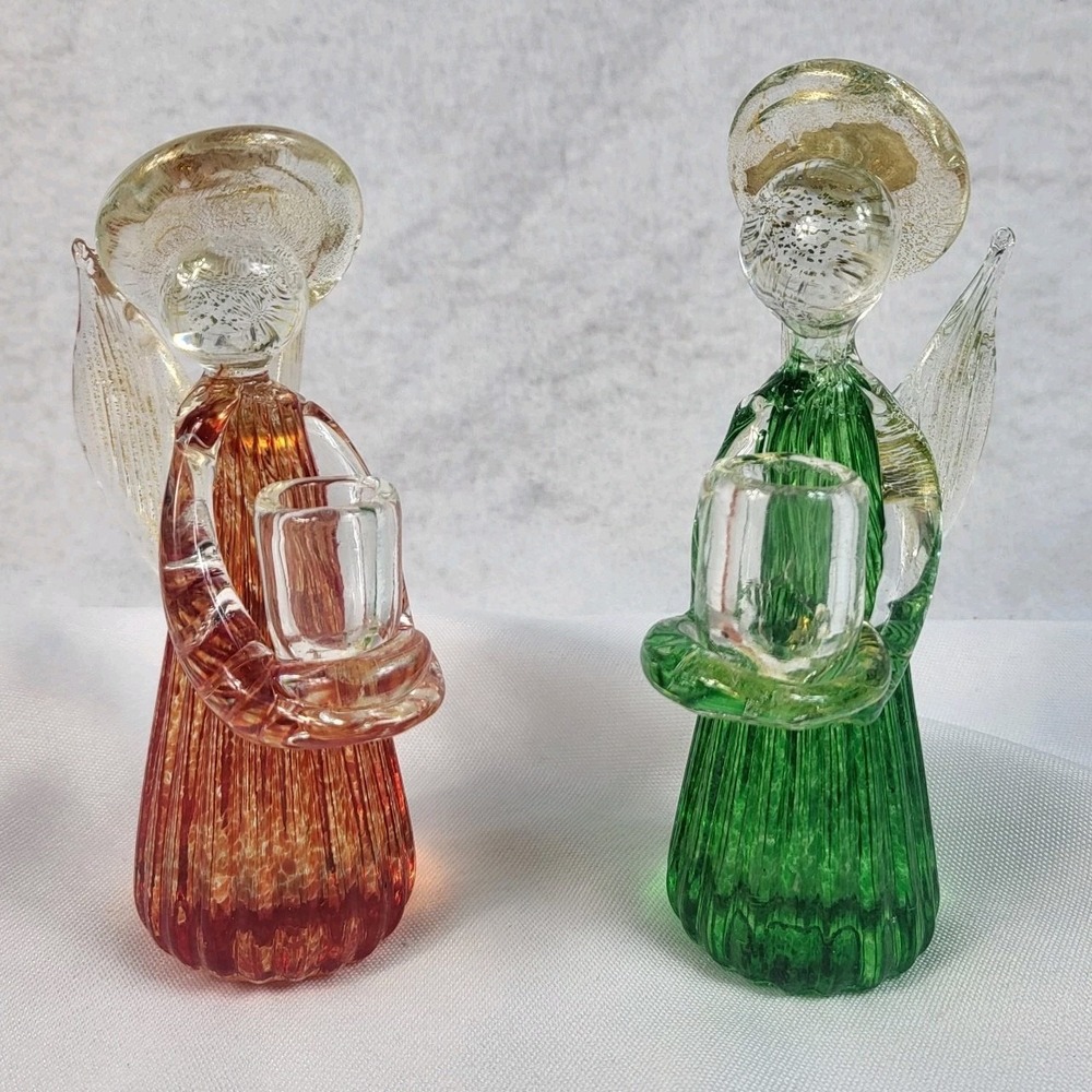 Murano Glass Angels 5" Candle Holders Red Green Gold Fleck Pair Aventurine Italy